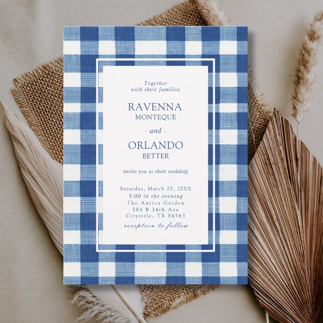 Classic Navy Baby Blue Plaid Gingham Wedding Invitation (Creator Uploaded)