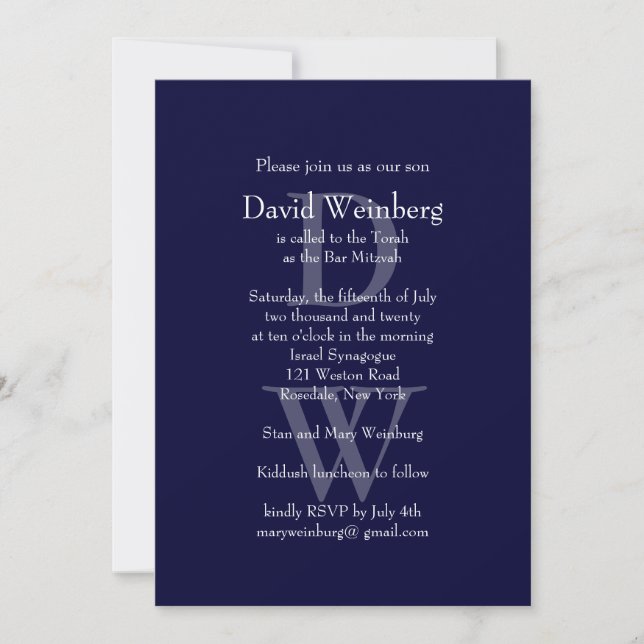 Classic Navy Bar Mitzvah Invitation (Front)