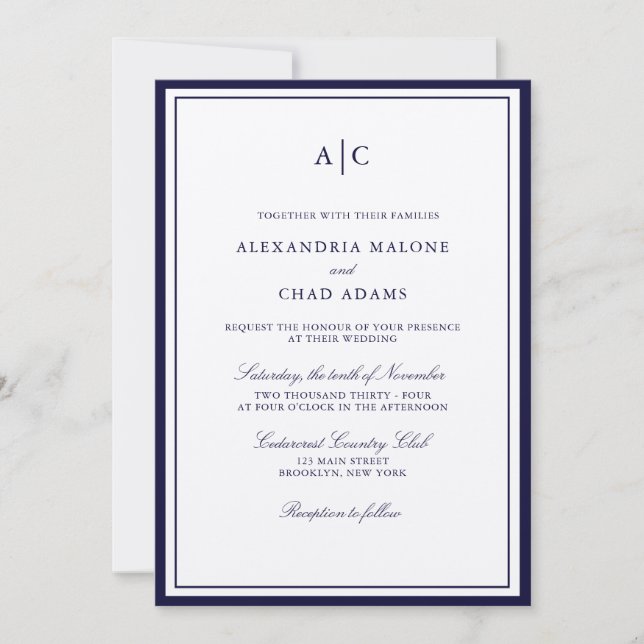 Classic Navy Blue and Ecru Monogram Wedding Invitation (Front)