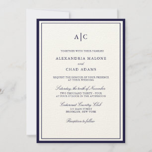 Classic Navy Blue and Ecru Monogram Wedding Invitation