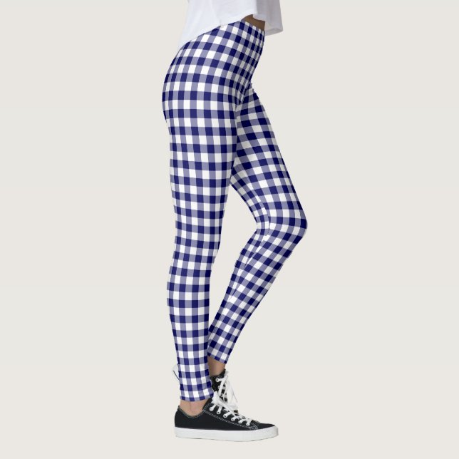 Classic Navy Blue and White Buffalo Plaid Pattern Leggings (Right)
