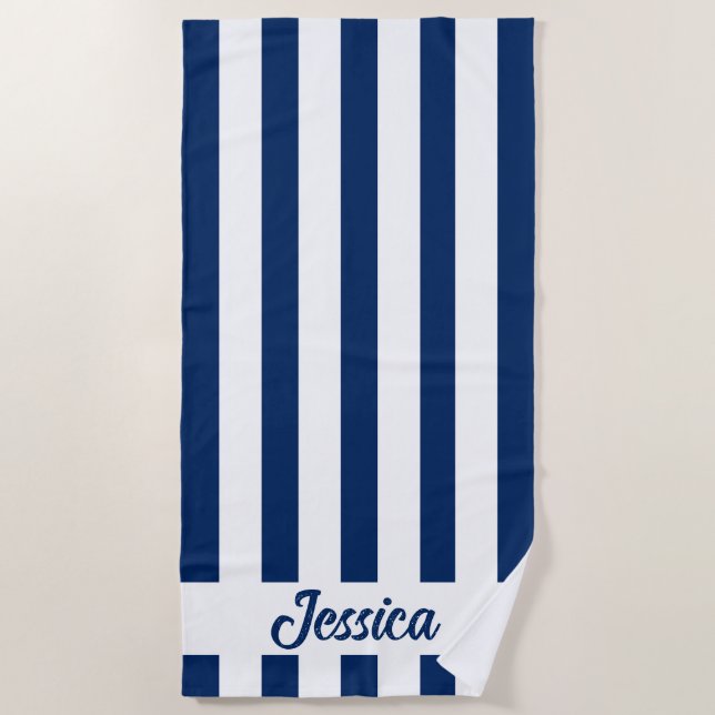 Classic Navy Blue and White Cabana Strip  Beach Towel (Front)