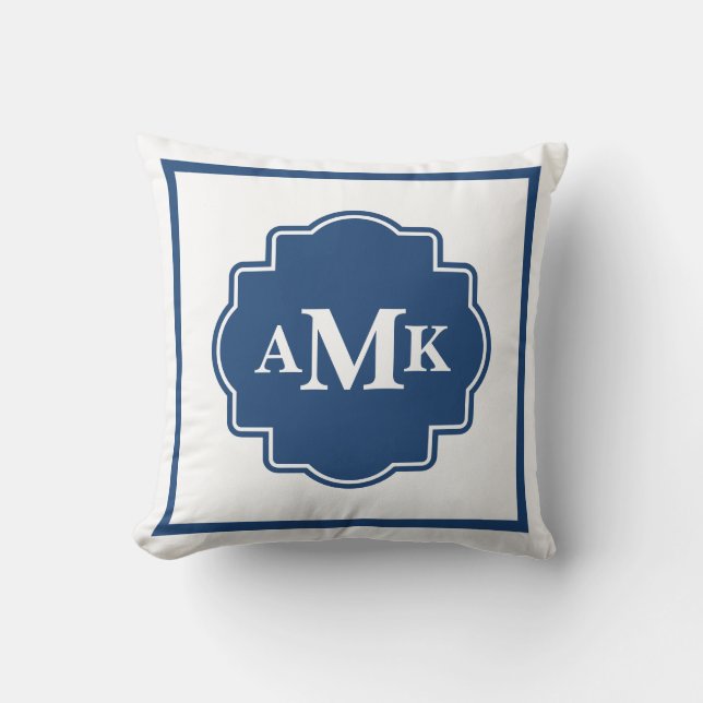 Classic Navy Blue and White Monogram Pillow (Front)