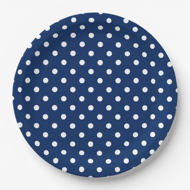 Classic Navy Blue and White Polka Dot Paper Plate (Front)