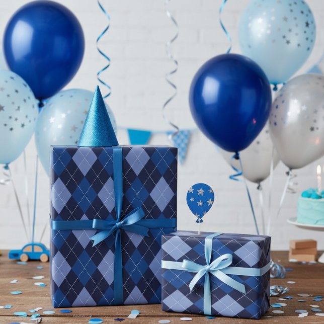 Classic Navy Blue Argyle Diamonds Wrapping Paper (Classic Argyle Diamond Pattern Gift Wrap in Blue Colors for Him. Kids Birthday or Adult Birthday. )
