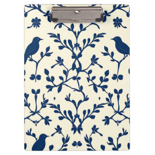 Classic Navy Blue Bird Damask Toile Silhouette  Clipboard