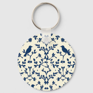 Classic Navy Blue Bird Damask Toile Silhouette Key Ring