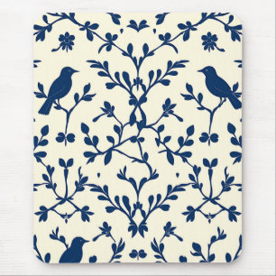 Classic Navy Blue Bird Damask Toile Silhouette Mouse Mat