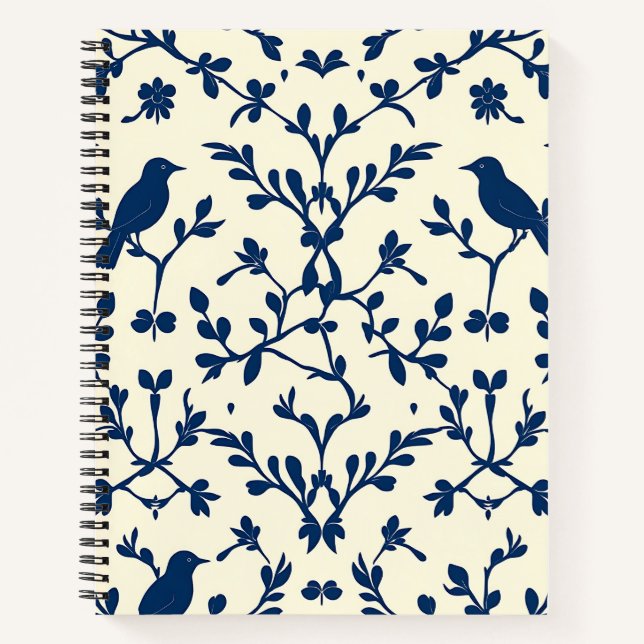 Classic Navy Blue Bird Damask Toile Silhouette  Notebook (Front)