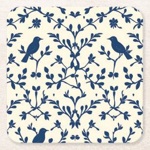 Classic Navy Blue Bird Damask Toile Silhouette Square Paper Coaster
