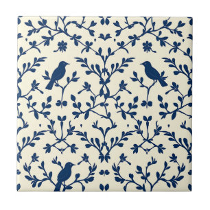 Classic Navy Blue Bird Damask Toile Silhouette  Tile