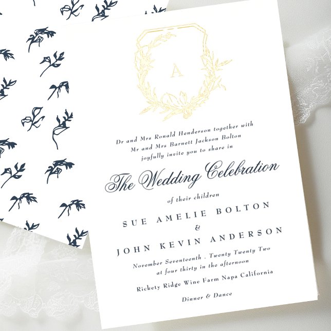 classic navy blue botanical gold monogram crest (Creator Uploaded)