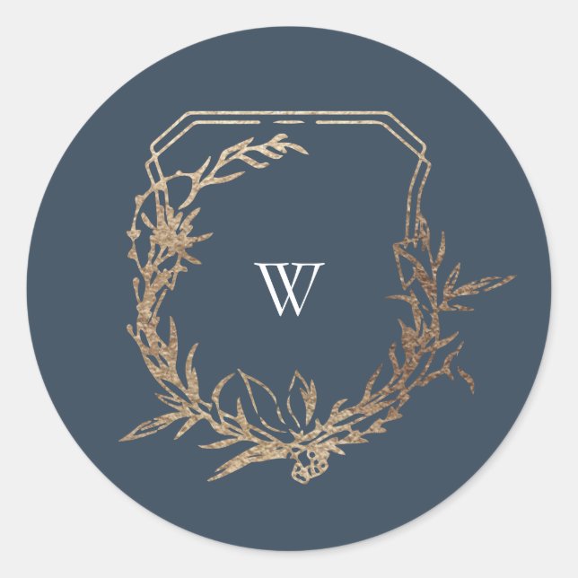 classic navy blue botanical motif monogram crest classic round sticker (Front)
