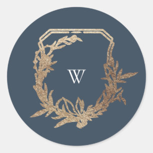 classic navy blue botanical motif monogram crest round sticker