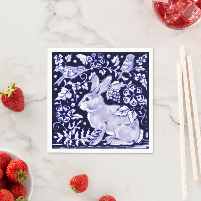 Classic Navy Blue Bunny Rabbit Birds Dedham Delft Napkin (Insitu)