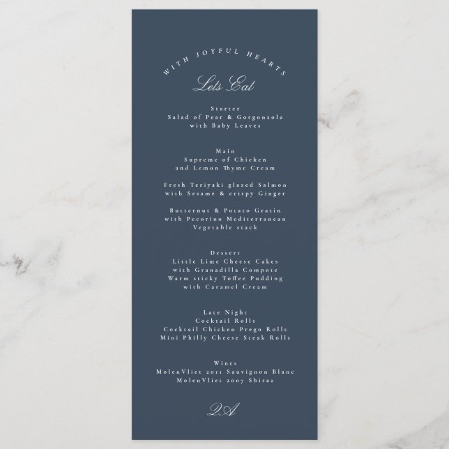 Classic Navy Blue Calligraphy Formal Wedding Menu (Front)