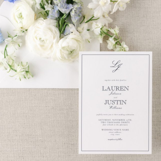 Classic Navy Blue Calligraphy Monogram Wedding Inv Invitation (Creator Uploaded)