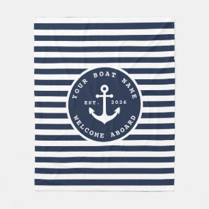 Classic Navy Blue Custom Boat Name Anchor Fleece Blanket