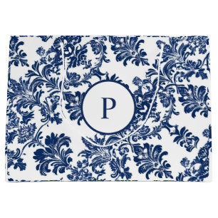 Classic Navy Blue Damask Pattern Large Gift Bag