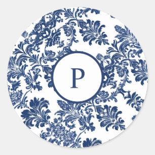 Classic Navy Blue Damask Pattern Round Sticker