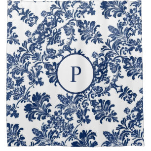 Classic Navy Blue Damask Pattern Shower Curtain