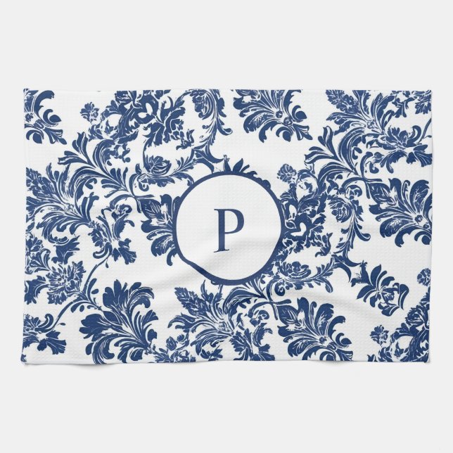 Classic Navy Blue Damask Pattern Tea Towel (Horizontal)