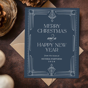 Classic Navy Blue Deco Elegant Corporate Christmas Holiday Postcard