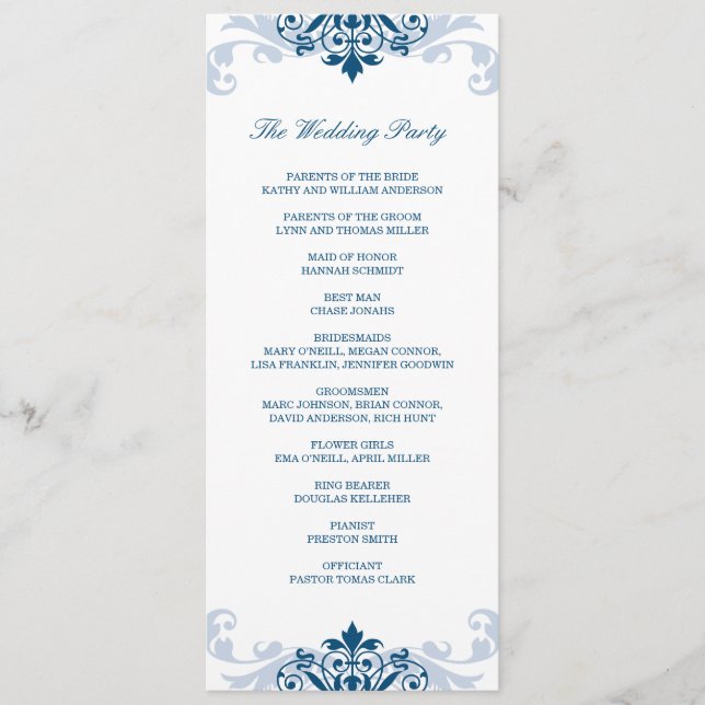 Classic Navy Blue Elegant Ironwork Details Wedding Programme (Front)