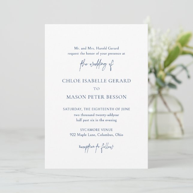 Classic Navy Blue Elegant Wedding Invitation (Standing Front)