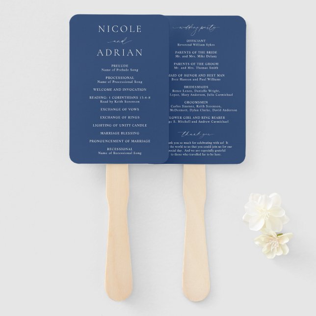 Classic Navy Blue Elegant Wedding Program Hand Fan (Front and Back)