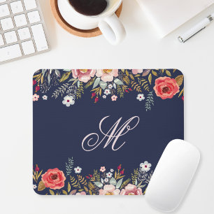 Classic Navy Blue Floral Custom Initial Mouse Mat