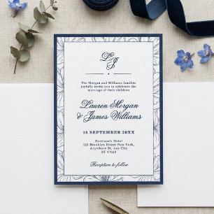 Classic Navy Blue Floral Layered Wedding Invitation