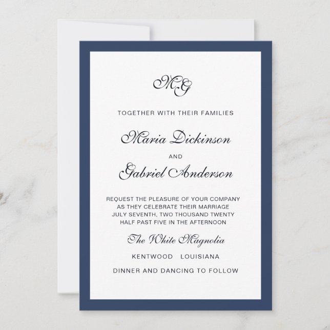 Classic Navy blue Frame Elegant wedding Invitation (Front)