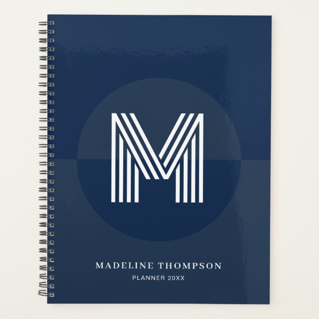 Classic Navy Blue Geometric Modern Monogram Planner (Front)