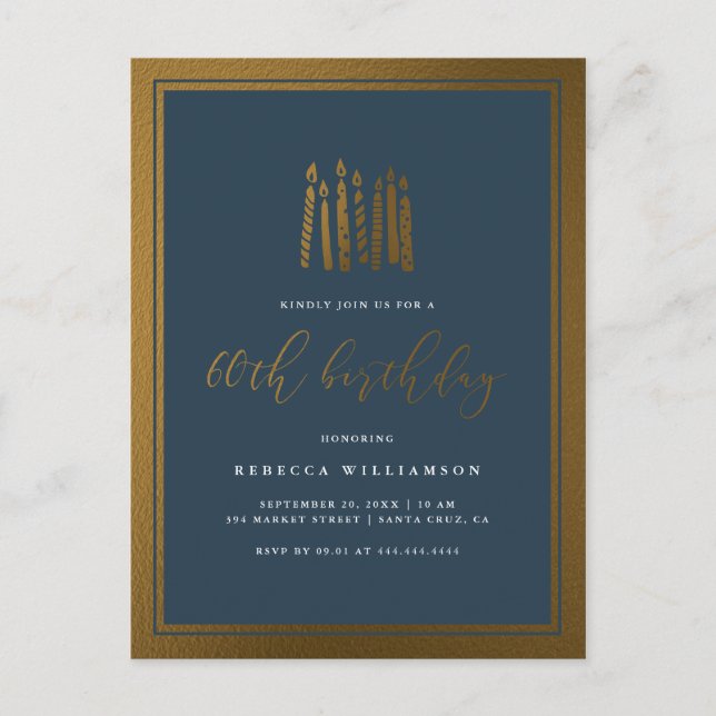 Classic Navy Blue & Gold Candles 60th Birthday Invitation Postcard (Front)