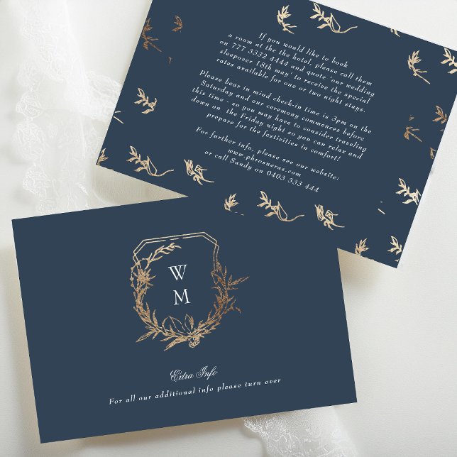 classic Navy Blue Gold crest wedding details Enclosure Card (Creator Uploaded)