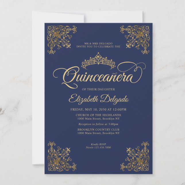 Classic Navy Blue Gold Frame Tiara Quinceanera Invitation (Front)