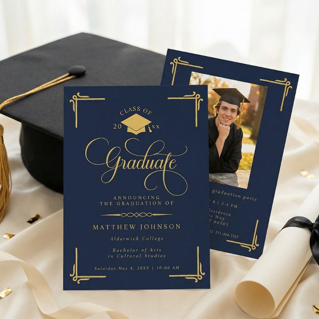 Classic Navy Blue Gold Graduation Invitation (Creator Uploaded)
