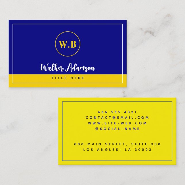 Classic Navy Blue & Gold Monogram Calling Card (Front/Back)