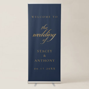Classic Navy Blue Gold Simple Wedding Welcome Retractable Banner