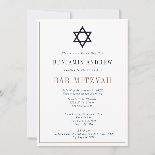 Classic Navy Blue Gold Star Bar Mitzvah  Invitation (Front)