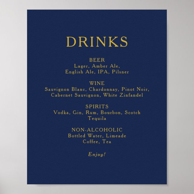 Classic Navy Blue | Gold Wedding Drinks Menu Sign (Front)