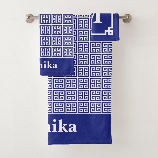 Classic Navy Blue Greek Key  Border Monogram Bath Towel Set (Insitu)