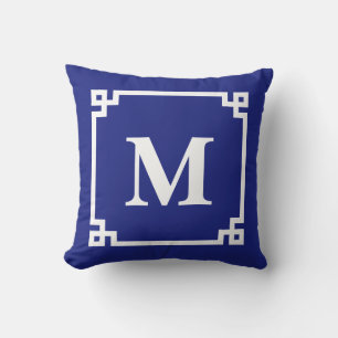 Classic Navy Blue Greek Key  Border Monogram Cushion