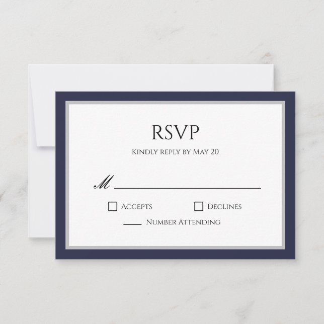 Classic Navy Blue Grey Border RSVP Response Card (Front)