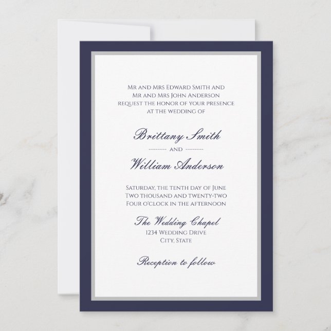 Classic Navy Blue Grey Border Wedding Invitation (Front)