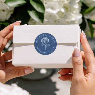 Classic Navy Blue Hydrangea Wedding Round Sticker