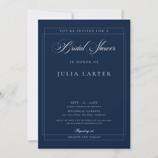 Classic Navy Blue Ivory Calligraphy Bridal Shower  Invitation (Front)