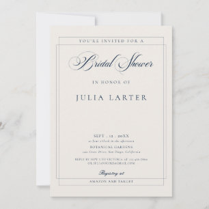 Classic Navy Blue Ivory Calligraphy Bridal Shower  Invitation