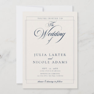 Classic Navy Blue Ivory Calligraphy Photo Wedding Invitation